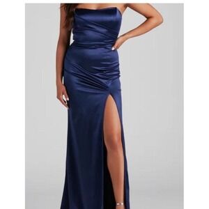 Strapless Navy Blue Satin‎ Formal Dress Gown Slit Sexy Elegant Party Cocktail